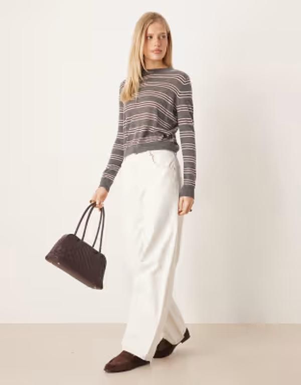 マンゴ レディース アウター パーカー・スウェット クルーネック ニット Mango crew necknitop stripe Gray グレー