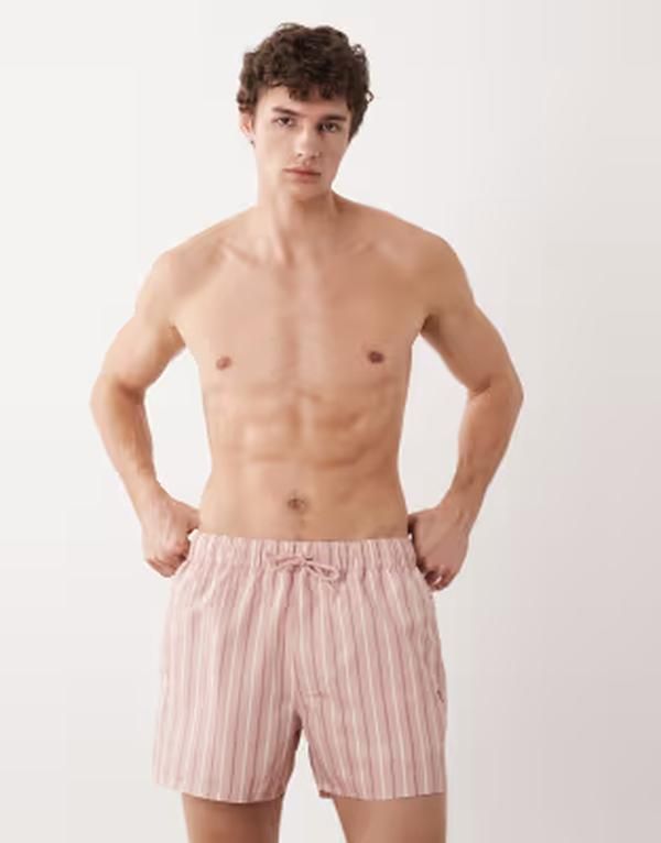 エイソス メンズ 水着 ハーフパンツ・ショーツ ショートパンツ ASOS DESIGN swim shorts in short length stripe with embroidery PINK ピンク