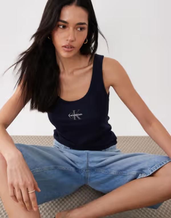 カルバンクライン レディース トップス ベスト ロゴ Calvin Klein monologo tank top Shoreline ネイビー