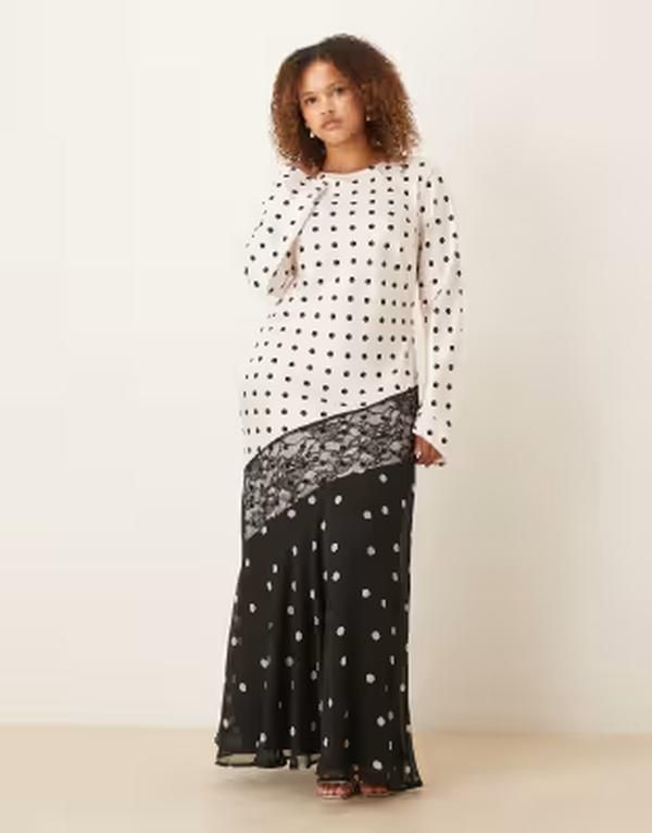 エイソス レディース トップス ワンピース レーストリム ドット サテン レース マキシ ASOS Curve ASOS DESIGN Curve satin maxi dress with lace trim and white polka dots Mon