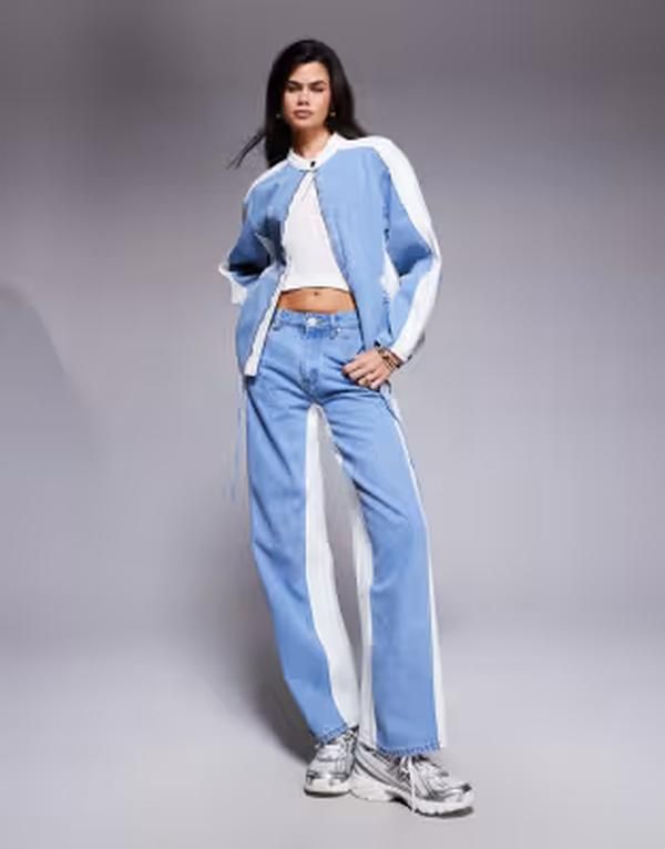 リキュールアンドポーカー レディース アウター ジャケット・ブルゾン コントラスト デニム Liquor N Poker oversizedenim biker jacket with contrast panel in multi part of a set