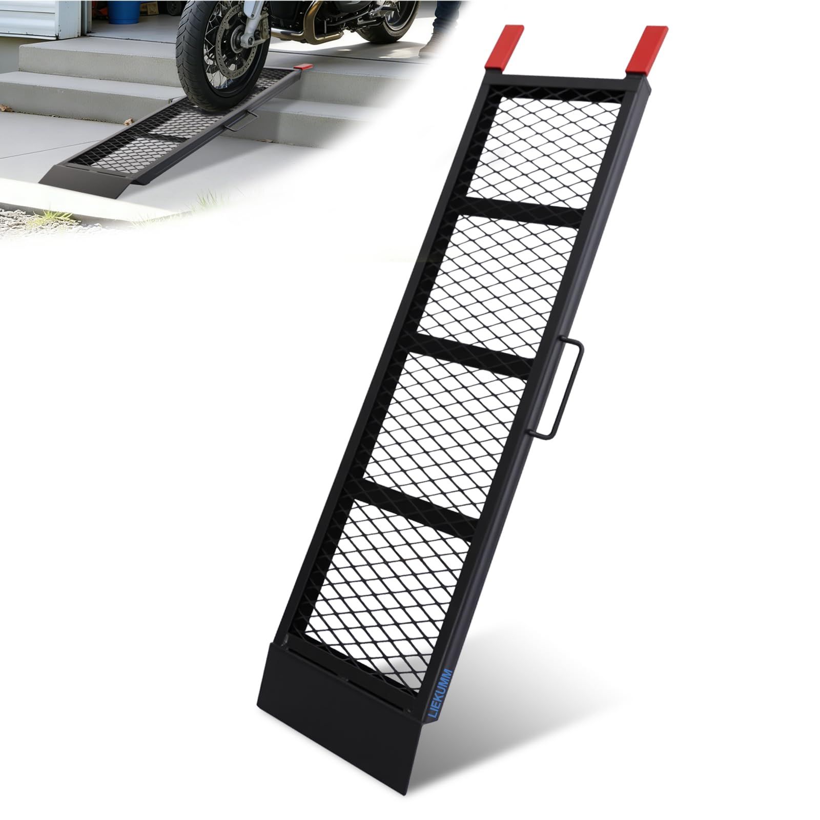 LIEKUMM ラダーレール 長さ112cm*幅28cm バイク スロープ 耐荷重450kg スチール製 バイク ラダーレール 滑り止め 取っ手付き 草刈り機 ATVバギー 農機具 軽トラ トラックに積載用 1本送料無料