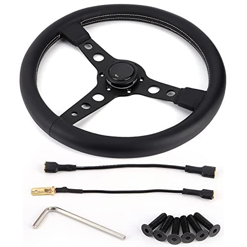Akozon 革ステアリングホイール グレイステッチ ホーンボタン付き 350 mm / 14インチ スタイル用 6ボルトレーシングハブアダプター付き送料無料