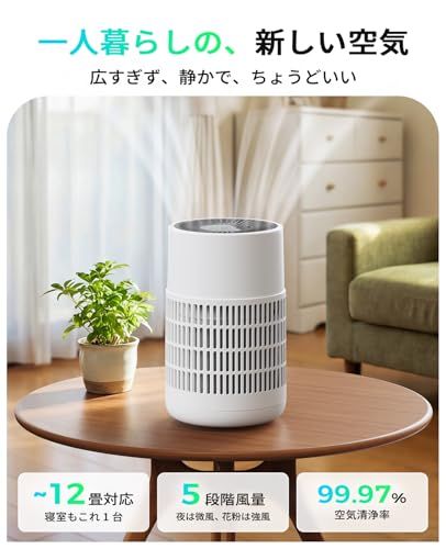 空気清浄機 小型 花粉対策 12畳対応【自動運転・4重フィルター】PM2.5センサー 卓上 コンパクト 一人暮らし 6畳対応 ペット対応 リモコン付き 5段階風量 静音設計 おやすみモード 24時間タイマー アロマ対応 チャイルドロック LEDライト (白ma