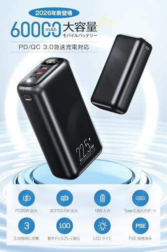 大容量 【60000mAh大容量&3台同時充電&22.5W/PD20W】 急速充電 バッテリー 携帯充電器 USB-Type C入出力ポート LCD残量数字表示 スマホ充電器 コンパクト 持ち運び便利 LEDライト付き PSE認証済 iPhone/iPadma 大容量 【60000mAh大容量&3台同時充電&22.5W/PD20W】 急速充電 バッテリー 携帯充電器 USB-Type C入出力ポート LCD残量数字表示 スマホ充電器 コンパクト 持ち運び便利 LEDライト付き PSE認証済 iPhone/iPadma