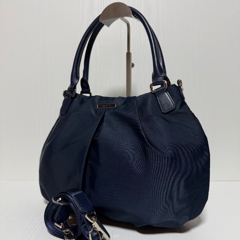 【美品】agnes b. VOYAGE アニエスベー 2way ショルダーバッグ ハンドバッグ ネイビー レザー ナイロン B584