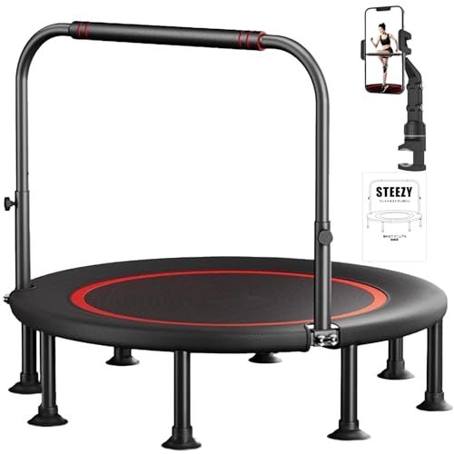【ながらエクササイズ】STEEZY トランポリン 室内 スマホホルダー付 国内企画 静音 8本脚 耐荷重300kg 手すり取り外し 102cm 40インチ 《商品ページ内使用イメージ動画あり》Y
