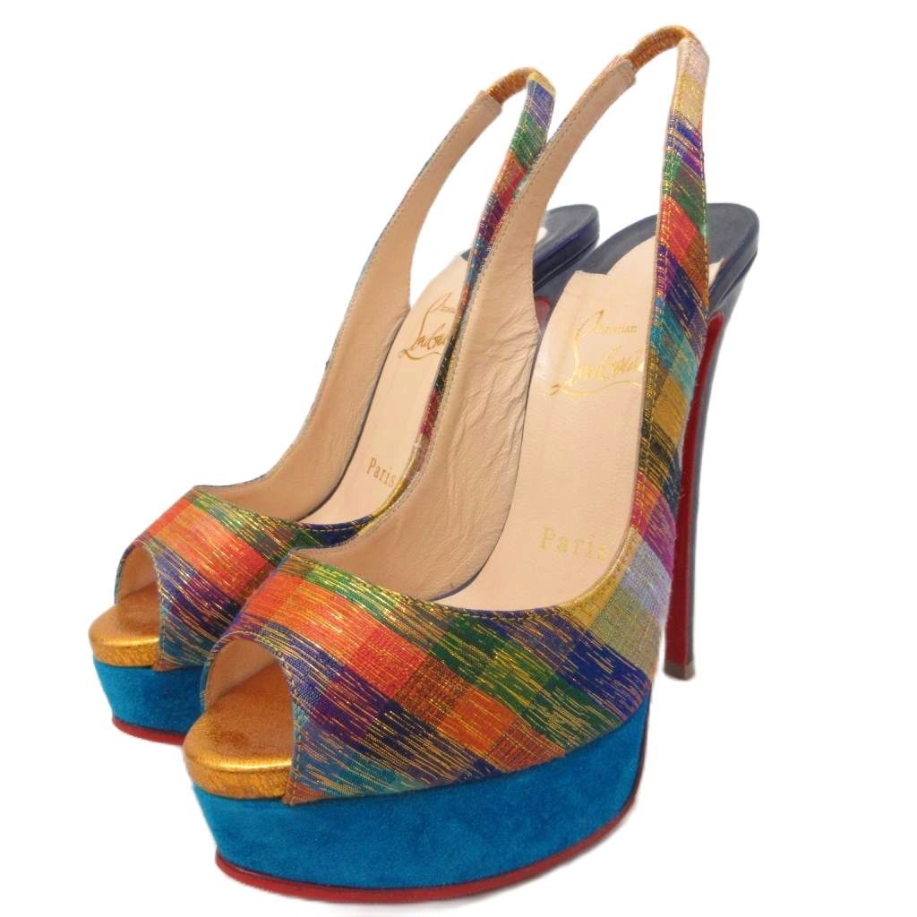 クリスチャンルブタン Christian louboutin レディ ピープ サンダル ミュール ピンヒール ウェッジソール 35.5 マルチカラー ■IBO96