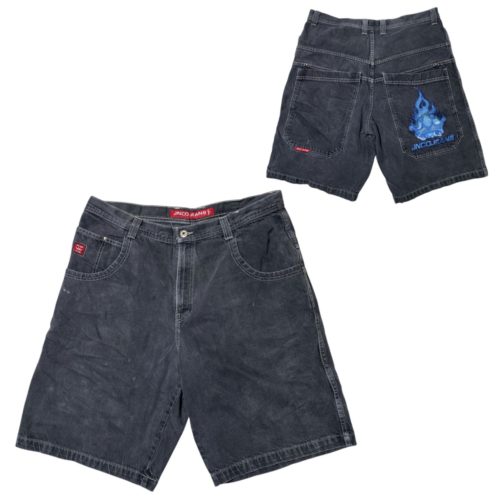 CHM JNCO JEANS デニムショーツ ブラック バギー 刺繍ロゴ ワイド ルーズ 90s ストリート スケーター サイズ40 ビッグサイズ メンズ レディース ユニセックス 古着
