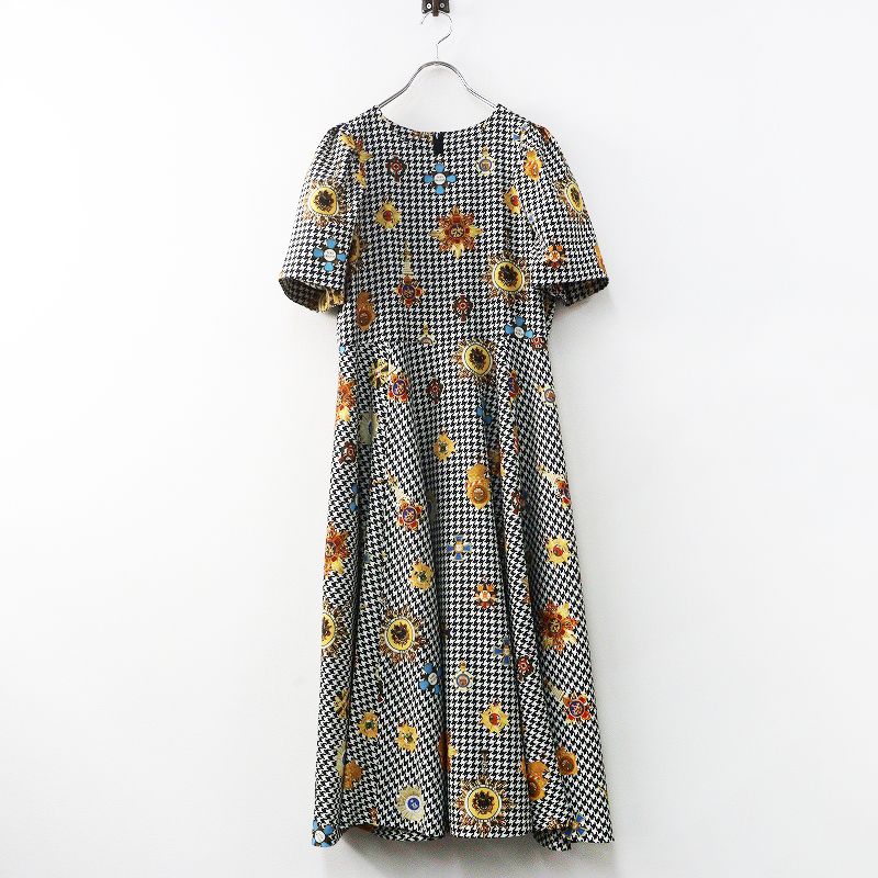 美品 ロイスクレヨン Lois CRAYON 千鳥エンブレムプリントワンピース M＼ブラック チェック ドレス フレア【2400014942927】
