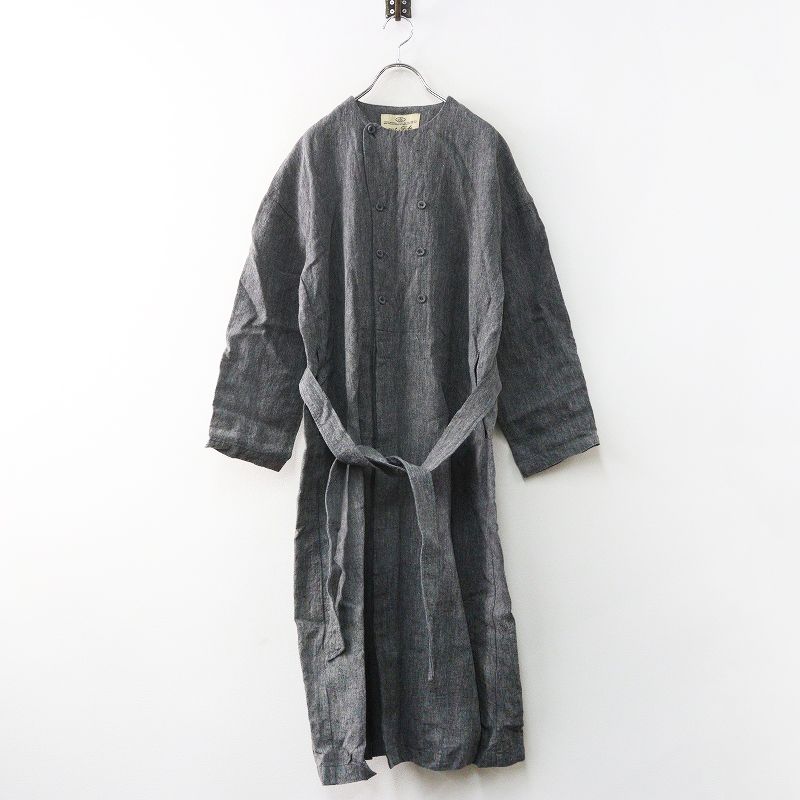 美品 ネストローブ nest Robe ノーカラーリネンコート＼グレー ダブル ロング ワイド ベルト【2400014922394】