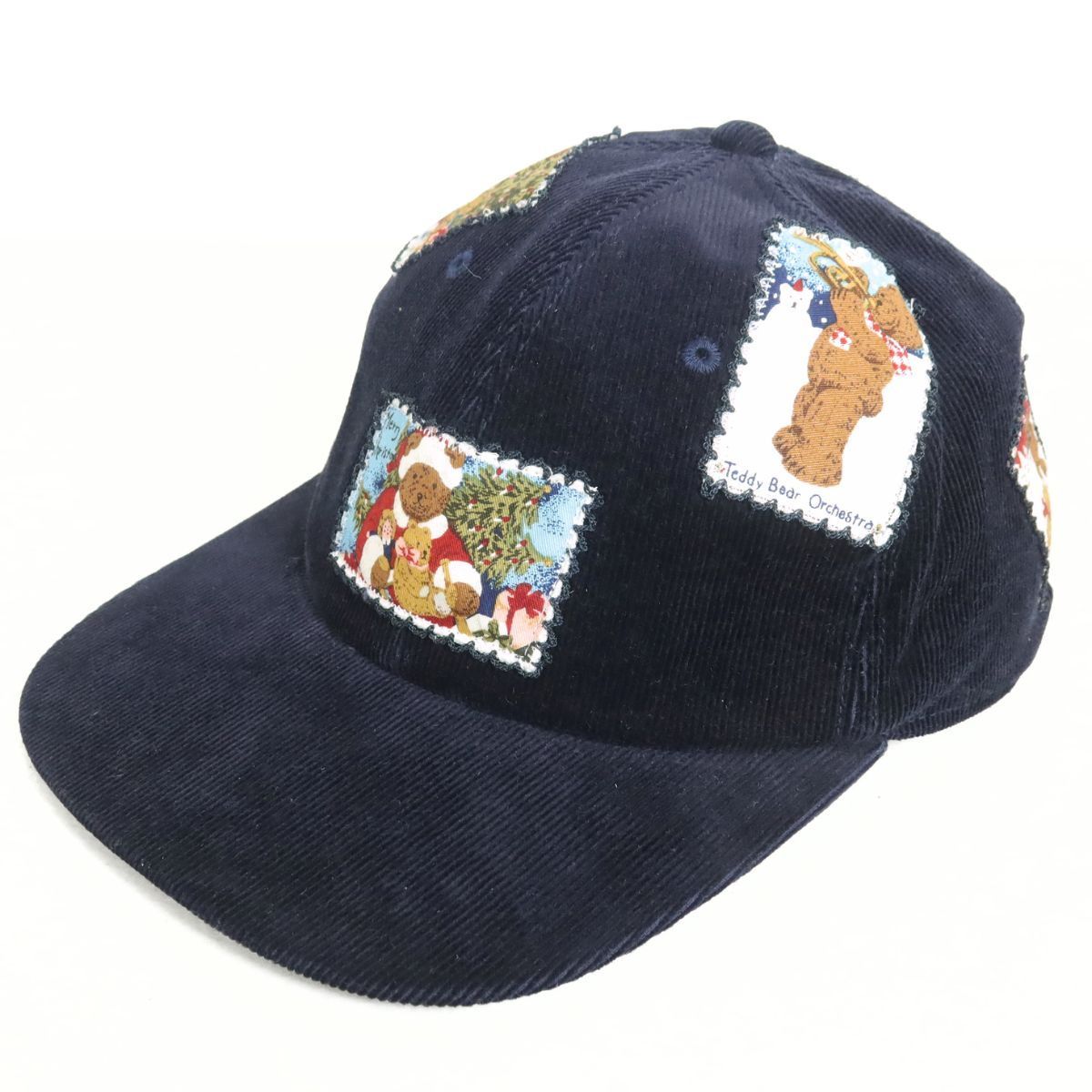 【美品】ピンクハウス★可愛い!クリスマステディベアワッペンいっぱい 帽子 コーデュロイ キャップ 黒系 *ha010