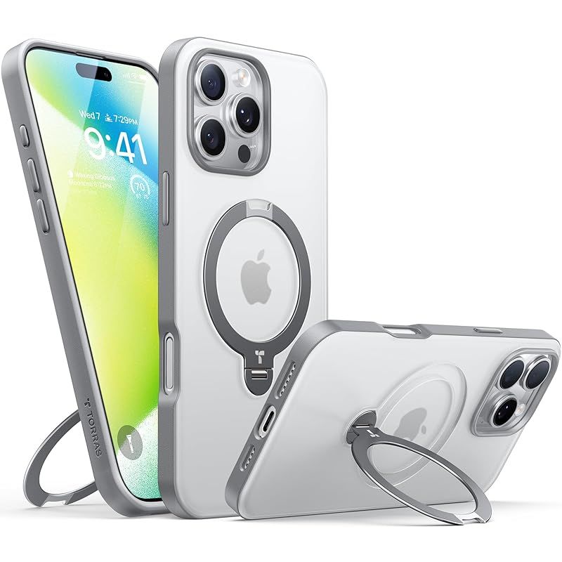 【新品】 【チタングレー専用色・マット半透明】TORRAS iPhone 16 Pro Max 用 ケース ゼンマイ式スタンド 縦横両対応 リング マグネット搭載 MagSafe対応 ワイヤレス充電対応 米軍MIL規格耐衝撃 指紋防止 黄変防止 マグセーフ対応