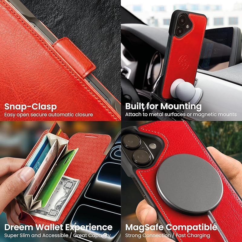 【新品】 Dreem iphone 17 ケースウォレット、画期的なスマートフォンスタンド、ヴィーガンレザー、MagSafeフィット対応、マグネット着脱式フリップカバー、RFID保護カードホルダー、ギフトボックス入り、 [Fibonacci:Red]
