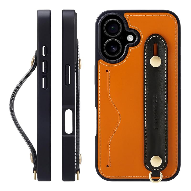 【新品】 HANATORA for iPhone 17 ケース 本革 耐衝撃 背面ベルト ストラップリング スマホケース スマホ スタンド機能 ネックストラップ 付き イタリアンレザー ギフト オレンジ+ブラック CGH-17-Orange-BK