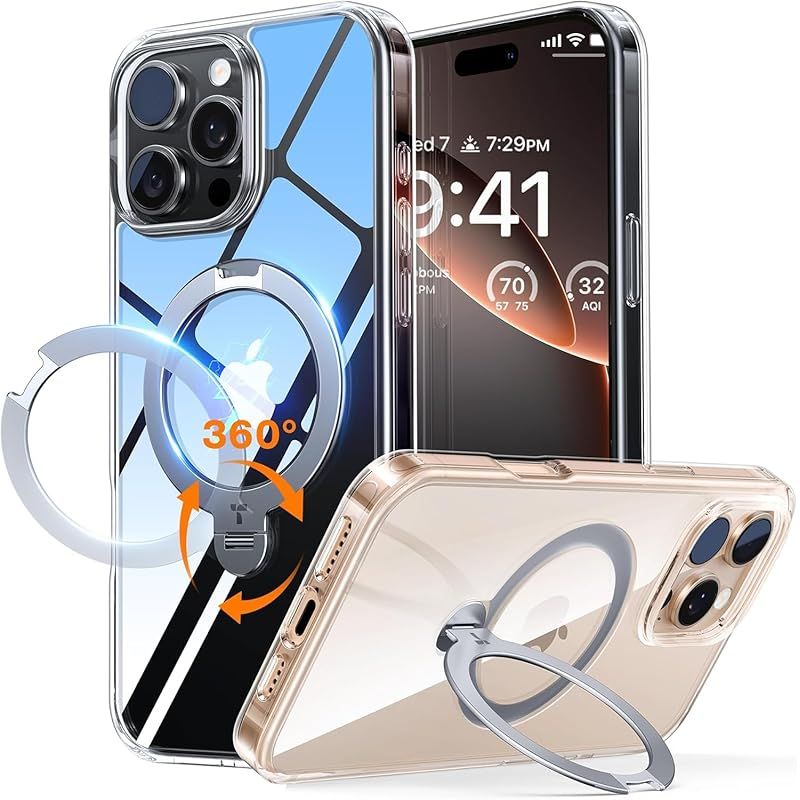 【新品】 TORRAS iPhone 16 Pro 用 ケース【超剛性｜360° ゼンマイ式スタンド × 10 万回開閉耐久】 米軍規格 縦横両対応 リング付き マグネット搭載 ワイヤレス充電対応 耐衝撃 防指紋 半透明 Ostand Spin クリア