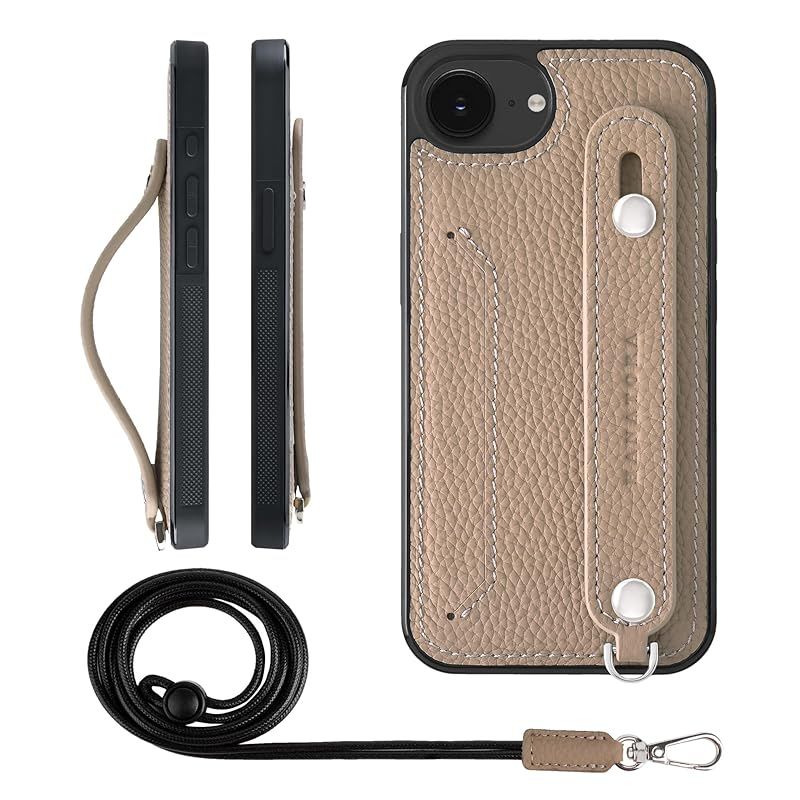 【新品】 HANATORA for iPhone 17e 16e ケース 本革 耐衝撃 背面ベルト ストラップリング スマホケース スマホ スタンド機能 ネックストラップ 付き カードポケット シュリンクレザー ギフト グレージュ CGHGZ-16e-Greg