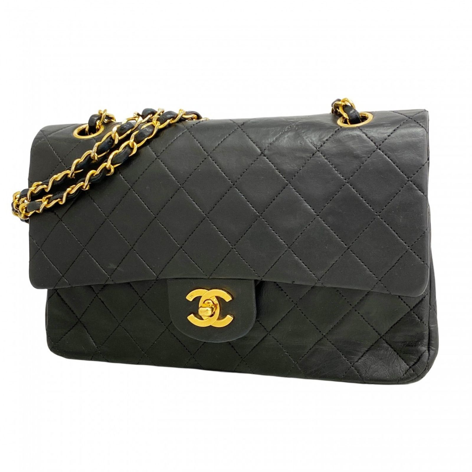 シャネル(Chanel) シャネル ショルダーバッグ マトラッセ Wフラップ Wチェーン ラムスキン ブラック レディース