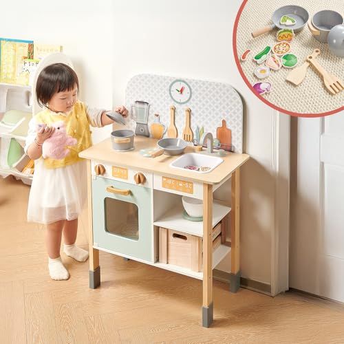 【はじめてのお料理台】 DIYELL おままごと キッチン 木製 ごっこ遊び 台所 ままごと お店屋さん おもちゃキッチン 収納 付属品付 調理器具のおもちゃ 料理ピース 食材ピース 要組立 【日本企業】★ 2fcb46b3