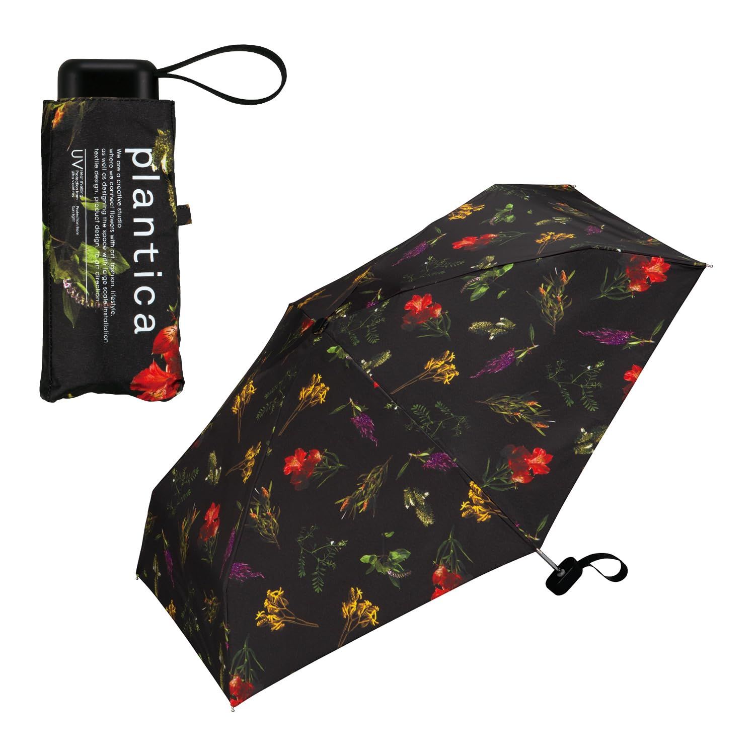 Wpc. 日傘 [plantica×Wpc.]フラワープリントタイニー ブラック ≪遮光率100% UVカット率100% ・UPF50＋ 遮熱 晴雨兼用≫ 折りたたみ傘 軽量 通勤 通学 オシャレ 可愛い 花柄 レディース PLP003-00 2a6a7606