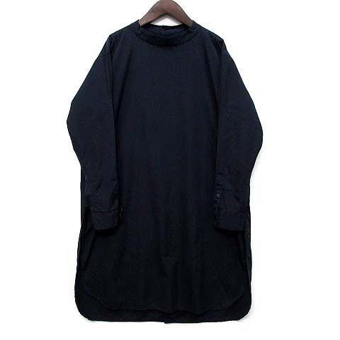 トゥジュー TOUJOURS Back Button Long Shirt コットン ポプリン ロング シャツ バンドカラー サイドスリット 紺 ネイビー 2