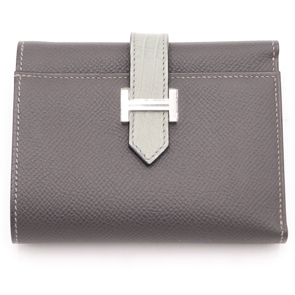 HERMES (エルメス) ベアン コンビネ コンパクトウォレット 三つ折り財布 コインケース グレージュ×グレー エプソン×アリゲーター シルバー金具 W刻印