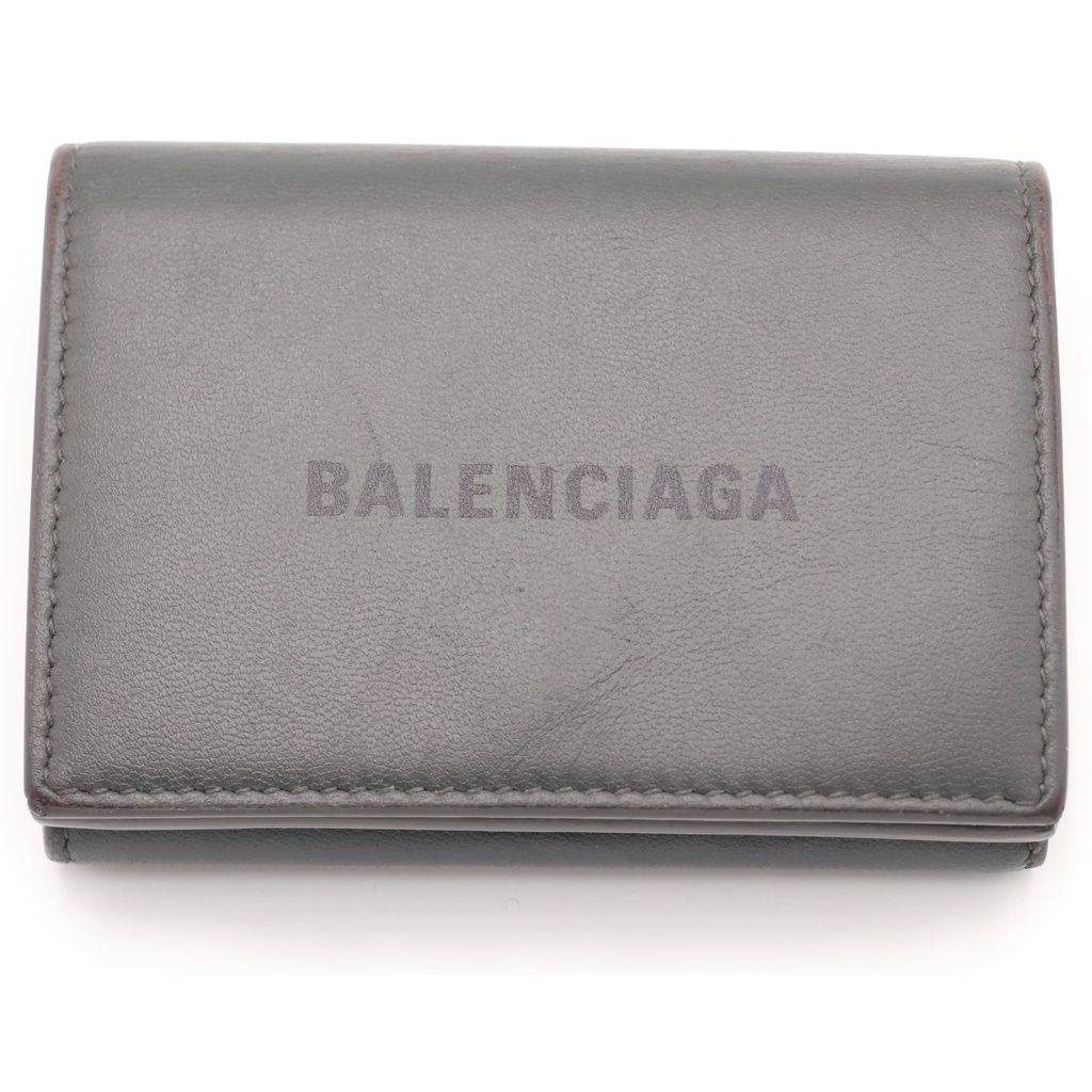 BALENCIAGA (バレンシアガ) CALF SKIN GRIS ACIER カーフスキン ロゴプリント レザー ミニ 三つ折り財布 ウォレット グレー 594312 1360