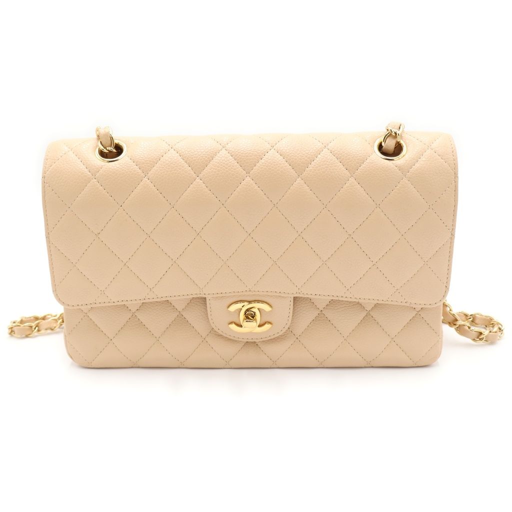 CHANEL (シャネル) マトラッセ25 WフラップWチェーンショルダーバッグ ベージュ キャビアスキン ゴールド金具