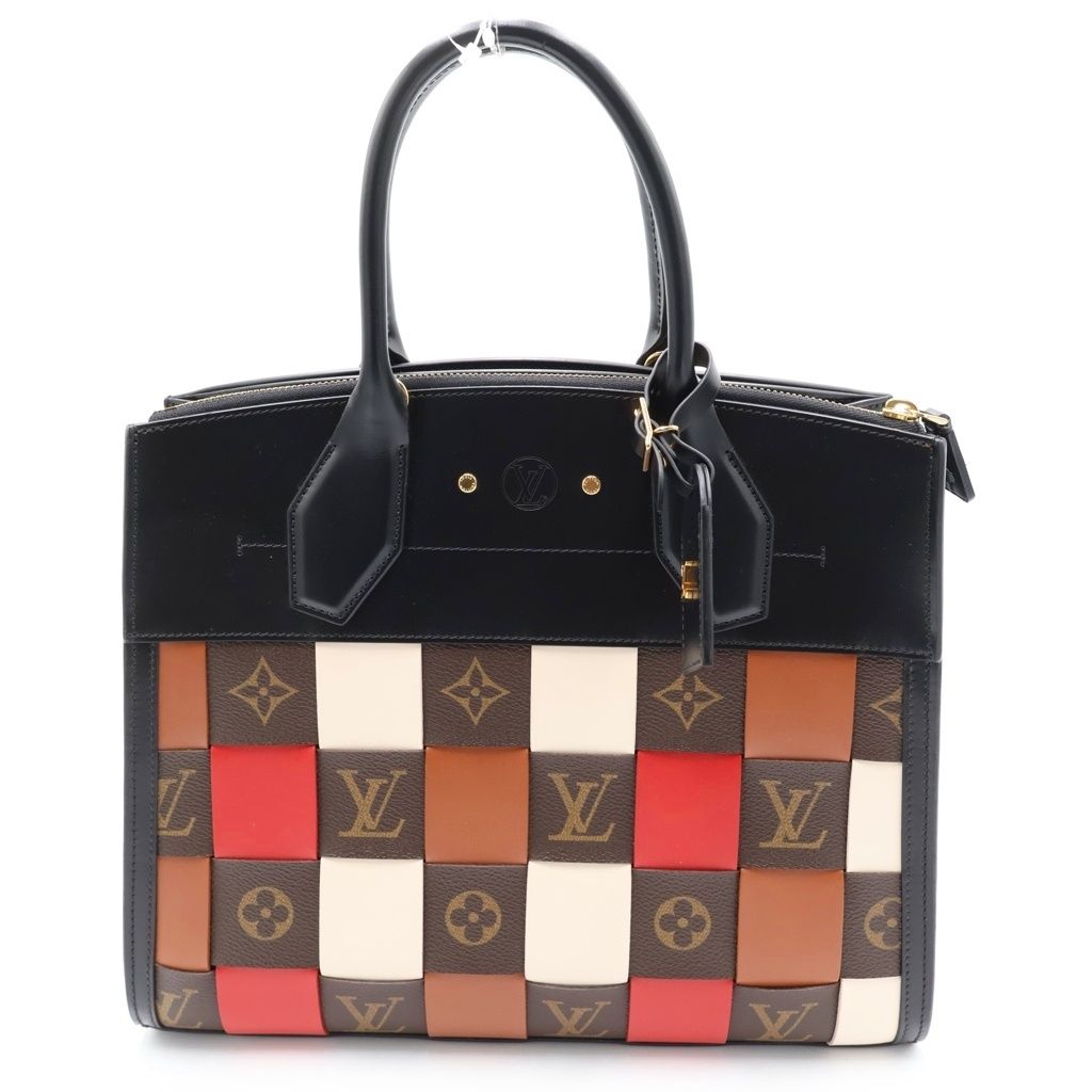 LOUIS VUITTON (ルイヴィトン) シティ・スティーマーMM ハンドバッグ ブラック×ブラウン×レッド レザー×PVC M55517 ゴールド金具
