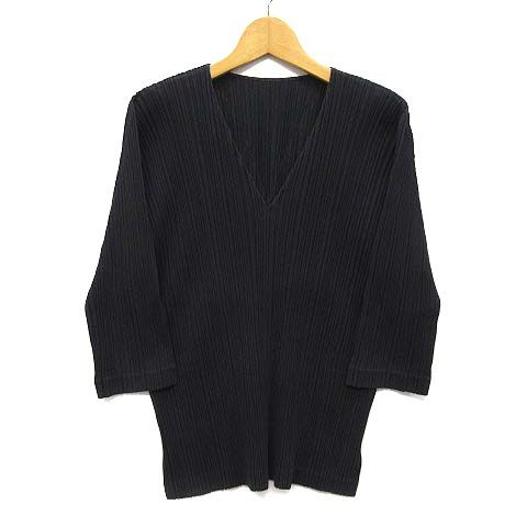 プリーツプリーズ PLEATS PLEASE イッセイミヤケ プリーツ Vネック カットソー 5分袖 ブラック 黒 3 PP43-JK452