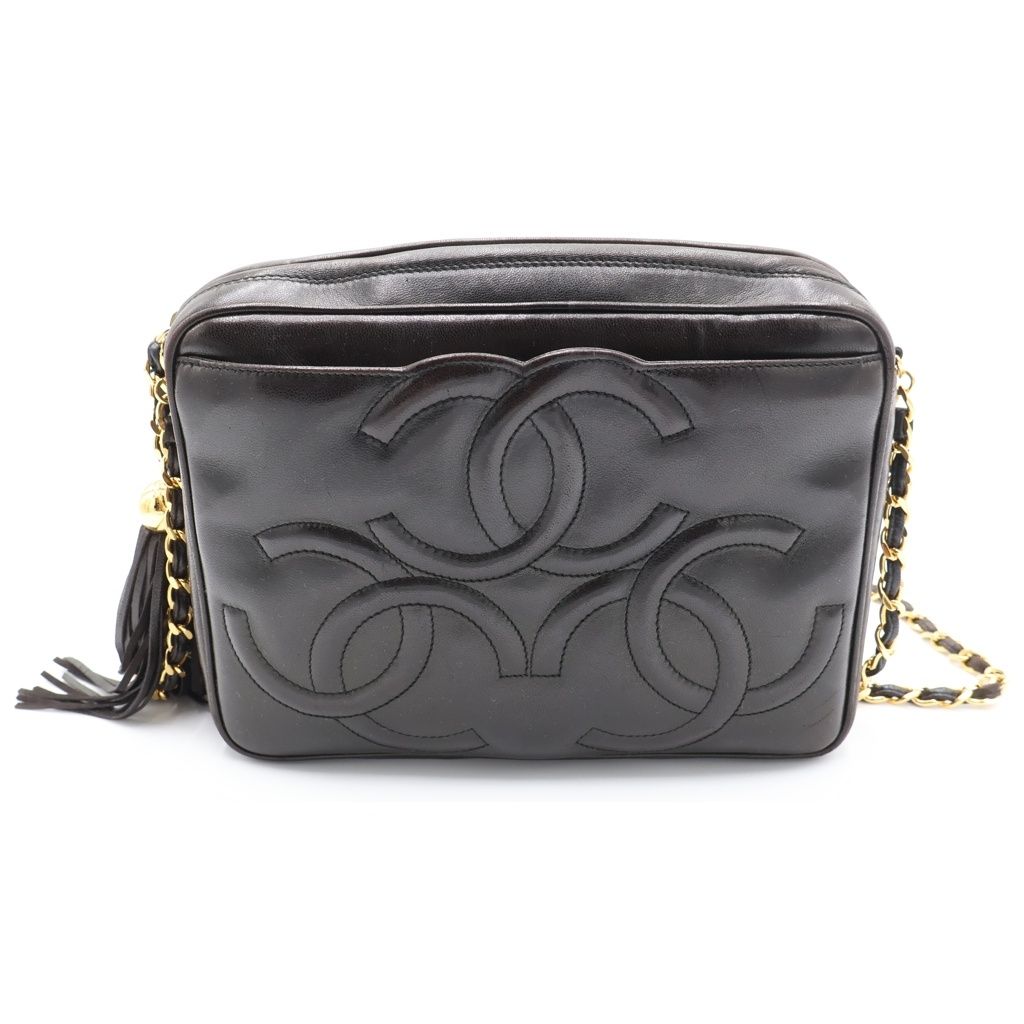 CHANEL (シャネル) トリプルココマーク フリンジ チェーンショルダーバッグ ブラック ラムスキン ゴールド金具