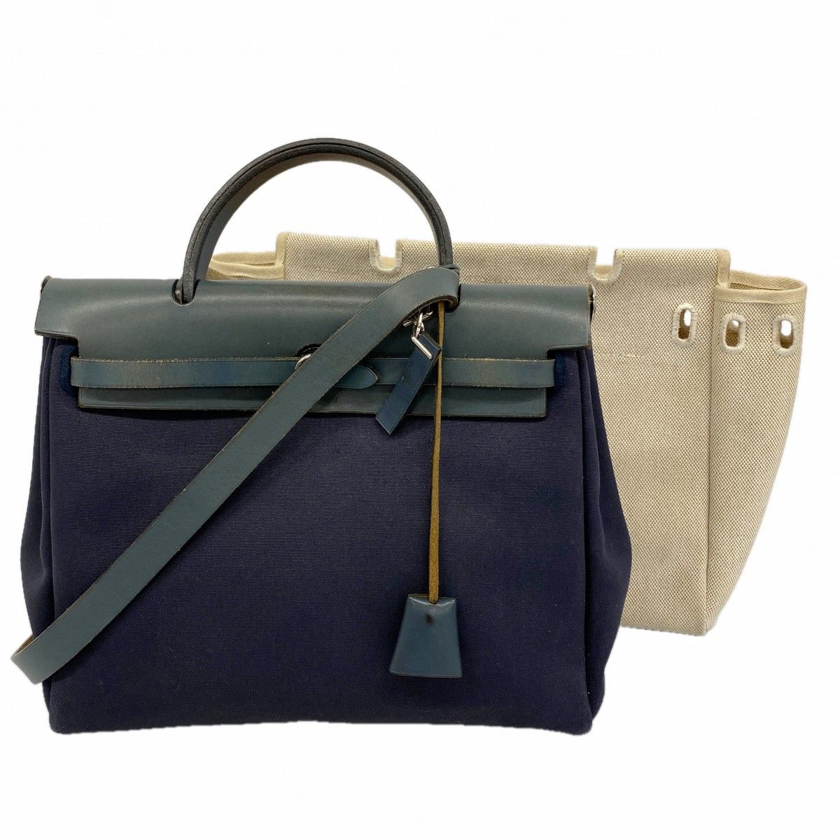 【6ea0477-h】エルメス ハンドバッグ エールバックMM トワルオフィシエ ネイビー シルバー金具 □E刻印【中古】レディース