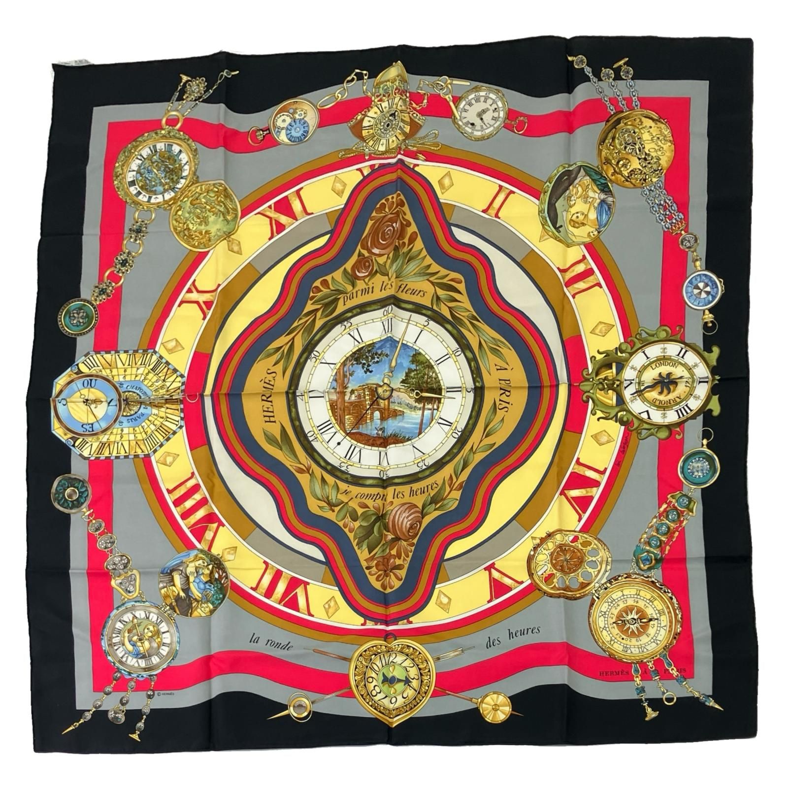 HERMES エルメス カレ90 la ronde des heures 時ノ輪舞 ブラック×グレー