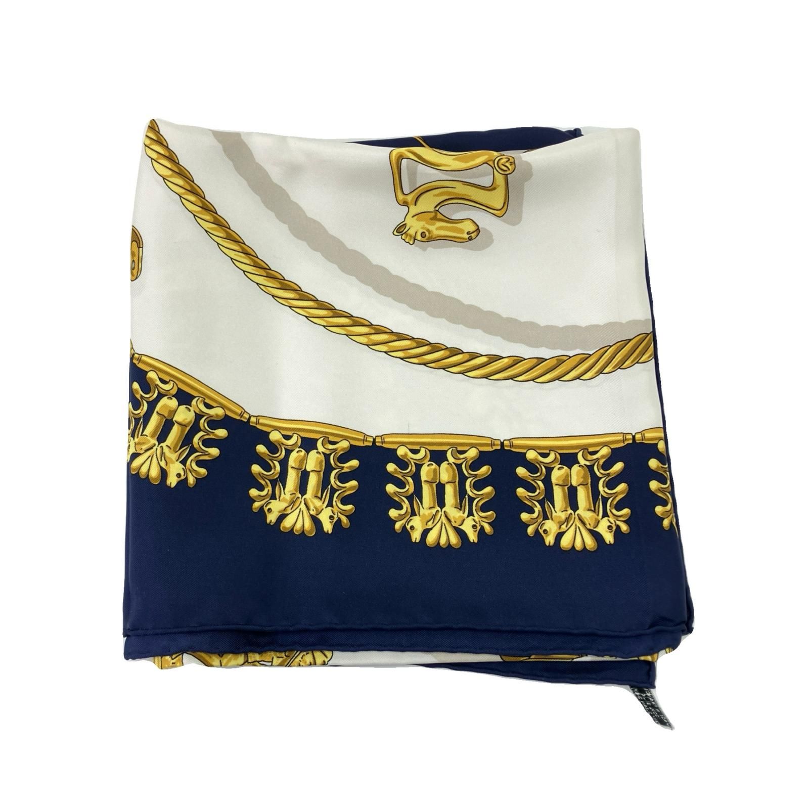 HERMES エルメス エルメス カレ90 黄金の騎士 ネイビー×ホワイト