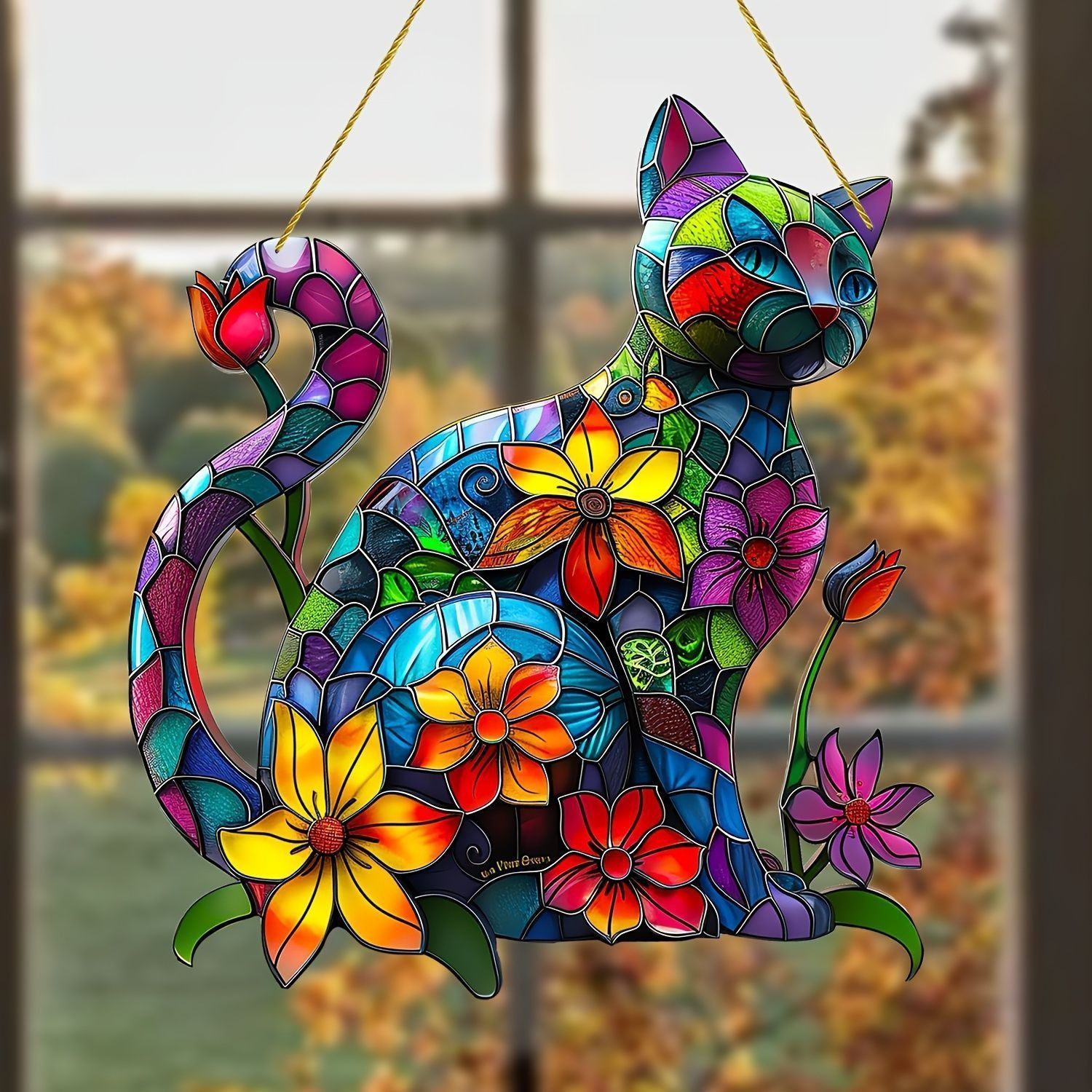壁掛け ステンドグラス サンキャッチャー 猫 キャット 猫と花 カラフル フラワー 2Dアート 屋外 屋内 庭 綺麗 可愛い