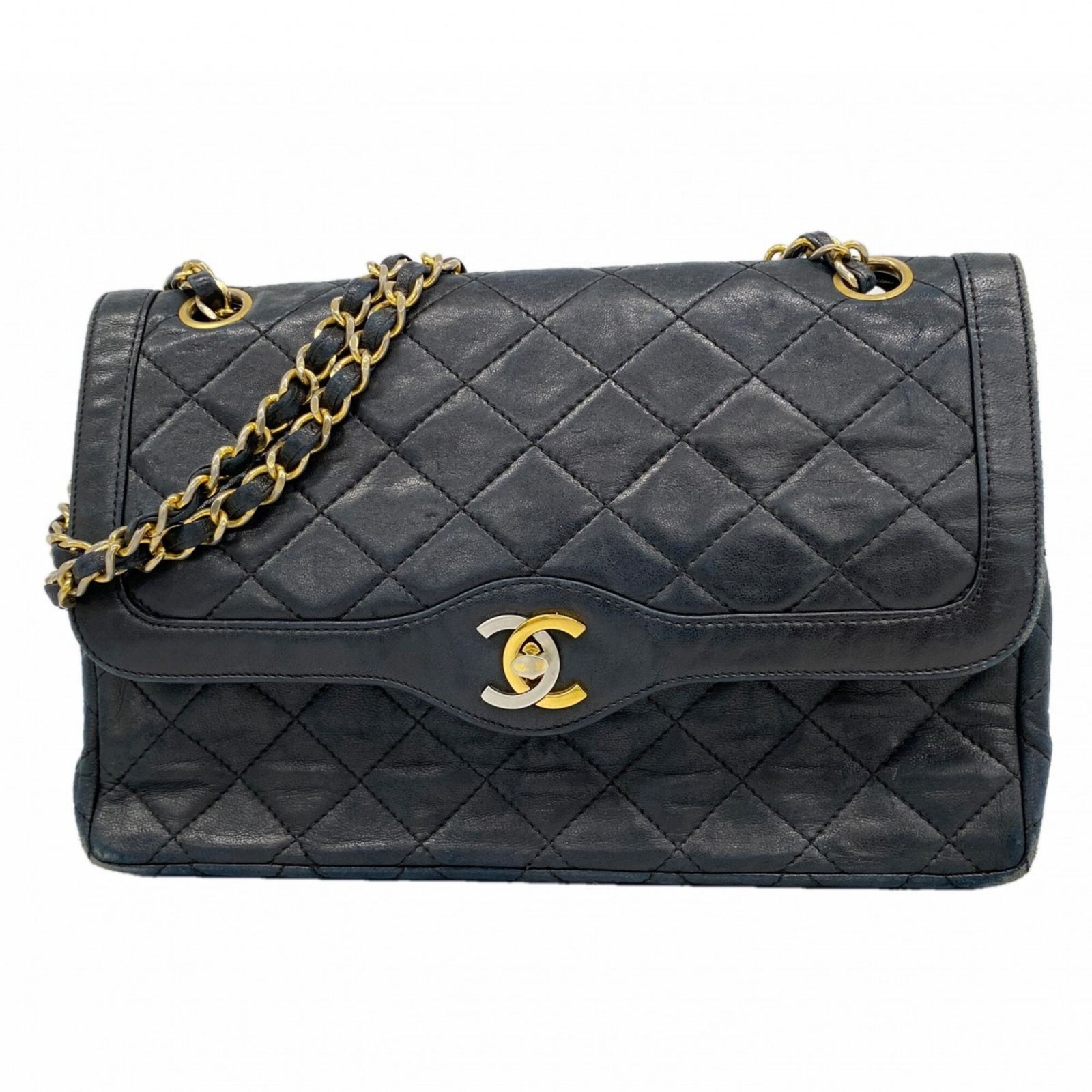 シャネル(Chanel) シャネル ショルダーバッグ マトラッセ パリ限定 Wフラップ Wチェーン ラムスキン ブラック ゴールド レディース