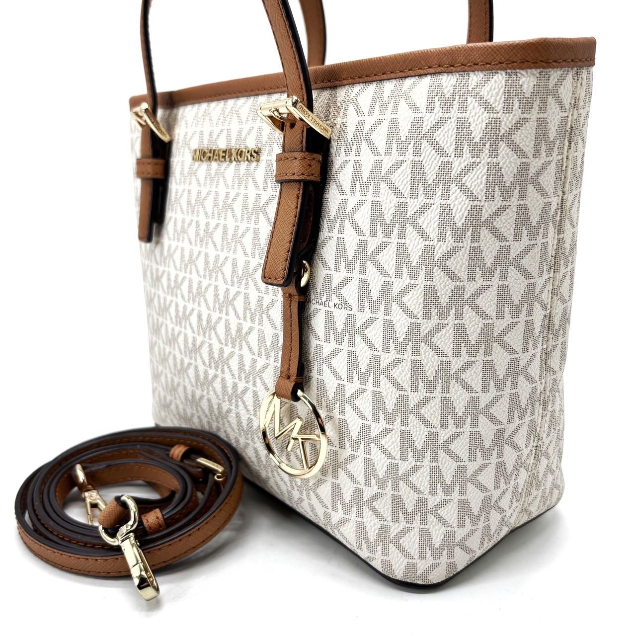【良品】Michael Kors マイケルコース トートバッグ ハンドバッグ ショルダーバッグ pvc レザー 革 MK柄 ホワイト ブラウン レディース A4収納可能