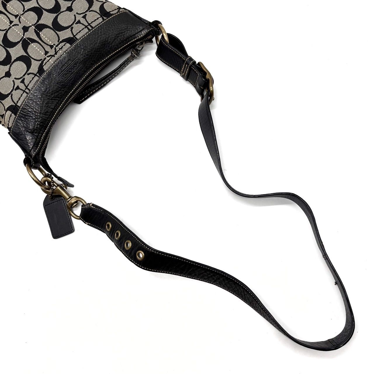 【良品】COACH gray signature canvas black leather shoulder bag unisex コーチ ショルダーバッグ