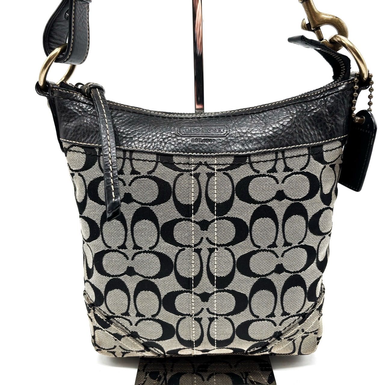【良品】COACH gray signature canvas black leather shoulder bag unisex コーチ ショルダーバッグ