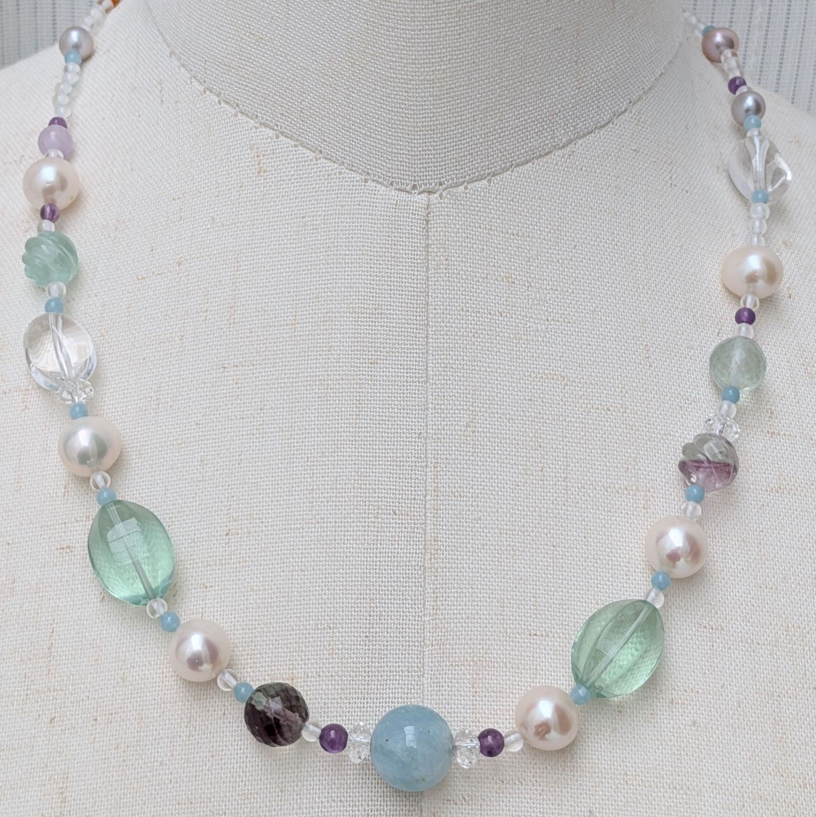 【大珠】 アクアマリン 淡水パール ネックレス フローライト シトリン 水晶 クォーツァイト 12mm 夏のファッション 涼しげ 真珠 パール