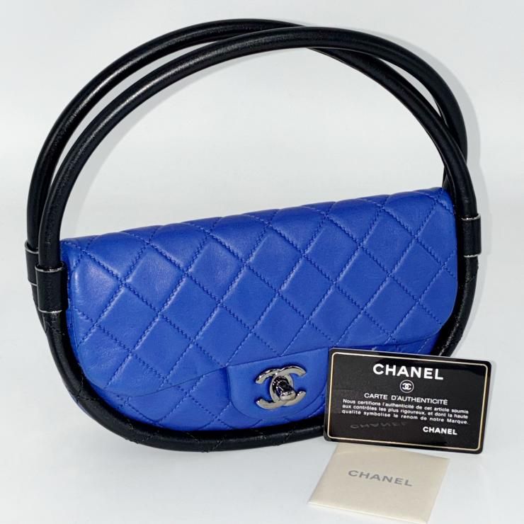 CHANEL シャネル フラフープバッグ ハンドバッグ マトラッセ ラムスキン ブルー ブラック シルバー金具 ★美品★ ★ギャラ付★