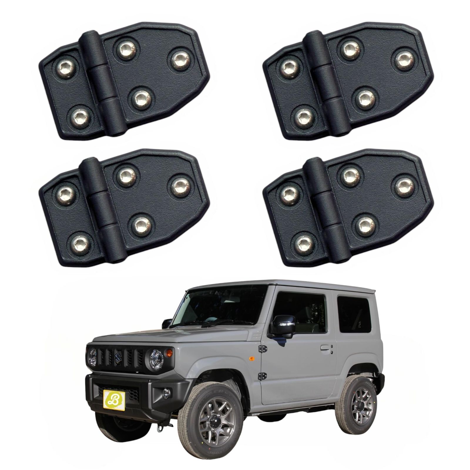 ジムニー用 ダミーヒンジ 4個セット 両面テープ貼付 ステンレスボルト仕様 JB64/JB74 カスタム アクセサリー パーツ アウターヒンジ ドアヒンジ Ｔｈｒｅｅ Ｂ Ｗｏｒｋｓ shu 62e9ae12