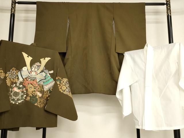 平和屋着物[]七五三　男の子　5歳　祝着・羽織・長襦袢（単衣）セット　兜　草花文　金彩　AABH2938ja
