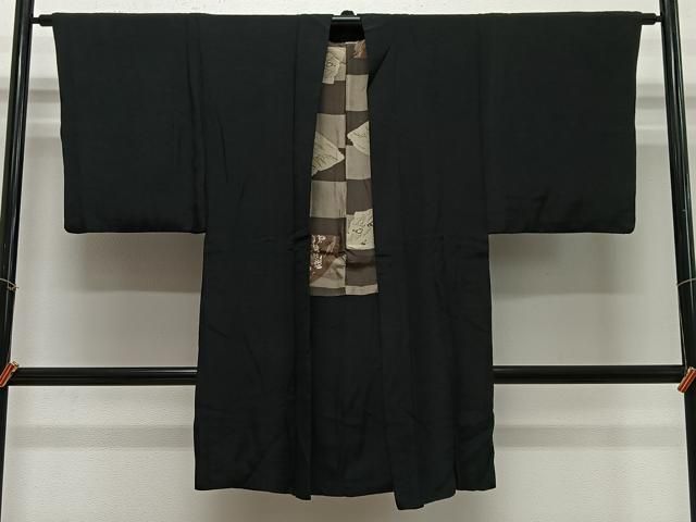 平和屋着物∞男性　長羽織　紬地　暗黒色　正絹　逸品　CABE5127ua