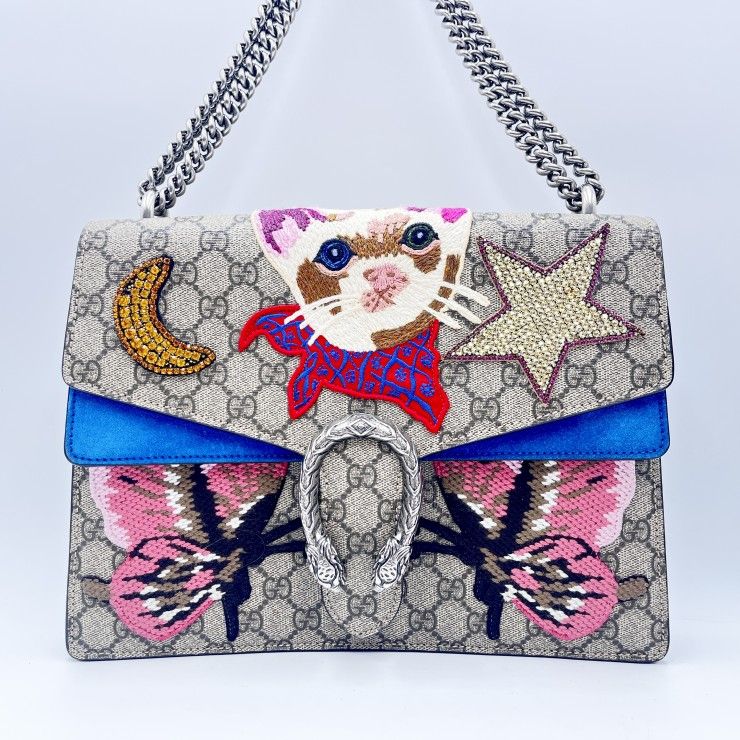 GUCCI（グッチ）ディオニュソス GGスプリーム チェーンショルダーバッグ キャット刺繍 バタフライ クリスタル PVC レザー ブルー シルバー金具 400235【中古】
