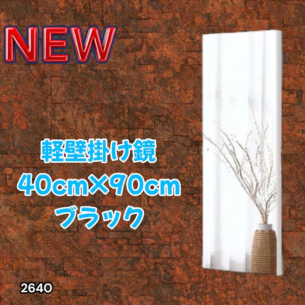 #2640 割れない 壁掛け 鏡 フィルム ミラー ブラック 全身 姿見 幅40cmx高さ90cm 軽量 鮮明な映り 壁掛け用ロープ付 滑り止めゴム脚 専用クリーナークロス付 ※一部地域離島別途配送料有