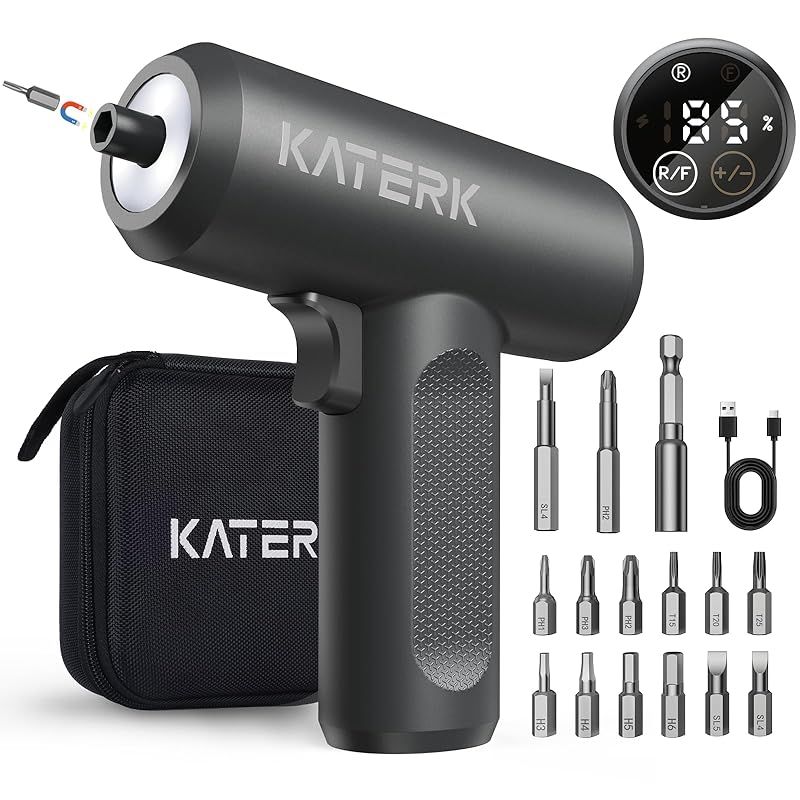 Katerk 電動ドライバーセット - 4V コードレス電動ドライバー 充電式 2500mAh - 5段階トルク設定 パワードライバー 250RPM 最大5N・m - 家具・電気修理用工具 - LED搭載、S2金属ビット15本、1/4インチ六角軸 0
