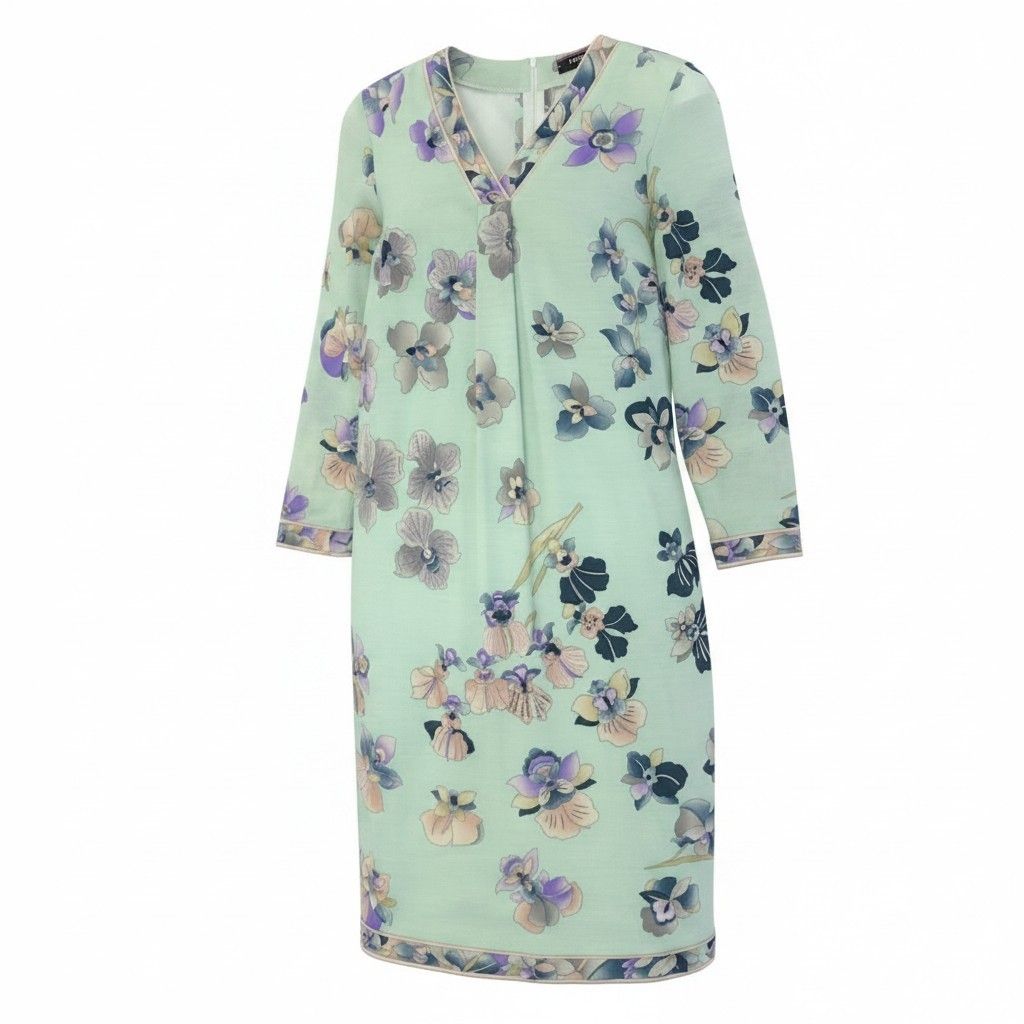 67e7 LEONARD FASHION レオナール Vネック ロングワンピース 美しい花柄プリント ロングスリーブ サイズ42 ミントグリーン レディース 女性服o07t