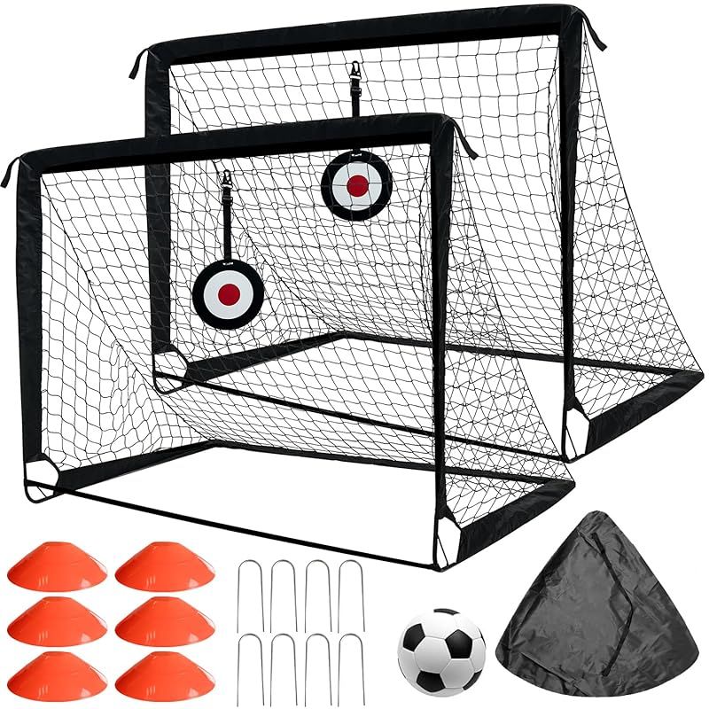 Socpuro サッカーゴール 子供用 120*90cm 2個セット 折りたたみ式 屋外 サッカー練習 ポータブルサッカーゴール 軽量 持ち運びやすい カラーコーン＆サッカーボール セット フットサル ゲーム 対戦トレーニング キッズ用 1