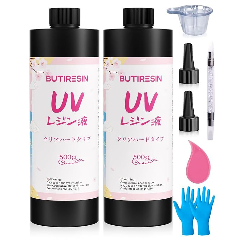 BUTIRESIN UVレジン液 1000g レジン液 大容量 高い透明 急速に硬化 詰替用 クリアハードタイプ 幅広い用途とDIY 操作アクセサリが付属 1